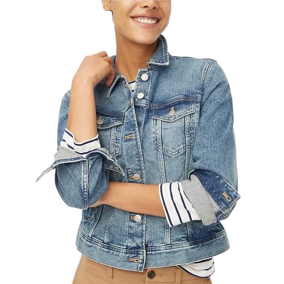 J.Crew Classic Denim Jacket in Medium/Dark Wash Lightning Bolt Design Size XS - Picture 3 of 13